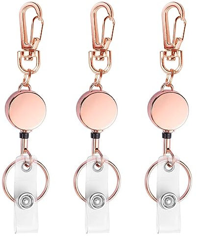 bolimoss Ausziehbarer Ausweishalter aus Metall mit Gürtelclip, Schlüsselanhänger für Namenskarte, Schlüsselanhänger für Krankenschwester, Freiwillige, Lehrer, Studenten, 3 Stück (Roségold)
