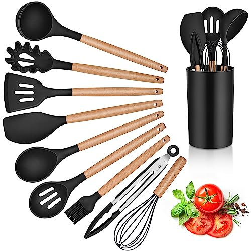 Herogo Ensemble d'ustensiles de cuisine avec support, 10 pièces en silicone avec poignée en bois, résistant à la chaleur et antiadhésif, spatule de cuisine, spatule tournante, pince Gadgets - Noir