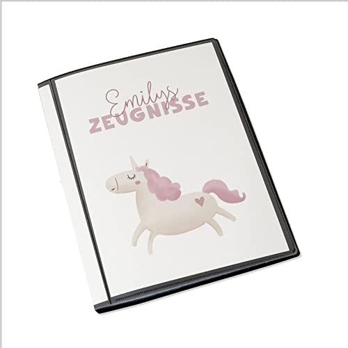Personalisierte Zeugnismappe Kinder - Personalisiertes Geschenk zur Einschulung - inkl. 20 Klarsichthüllen DIN A4 - Zeugnismappe Mädchen - Zeugnismappe Junge - hellomini (Einhorn)