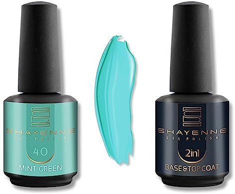 Shayenne 2er Set UV Gel Nagellack 40 Mint Green Blau 15ml + 2in1 Base Coat und Top Coat 15 ml UV LED Lampe Unterlack mit Überlack Nagel Lack Gellack Nagelgel Shellac (30 ml)