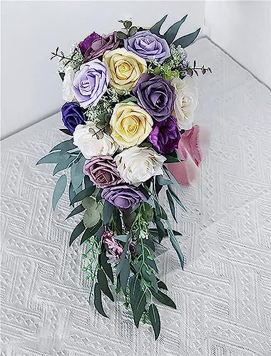 Tkasniy Brautsträuße für Hochzeit, künstliche Rosensträuße für die Braut, romantische Tropfenform, Brautstrauß für französische Hochzeit, Violett