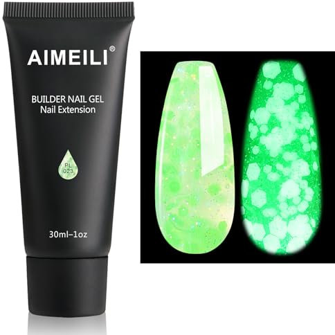 AIMEILI Extention Gel pour Ongles Fluo, Paillettes Glow in Dark Builder Construction Gel 30ml Faux Ongles Quick Building UV LED Vernis Semi Permanent Vert 023