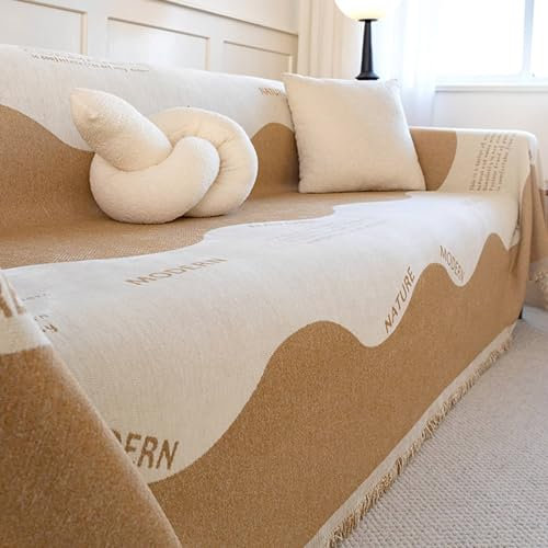 Mesnt Sofabezug Ohne Armlehnen 3 Sitzer, Kaffee Wohndecke als Sofadecke, Couch Überwürf, Sofa Überzug mit Wellen- und englische Buchstaben mit Fransen Bedruckt aus Chenille, 180x300cm