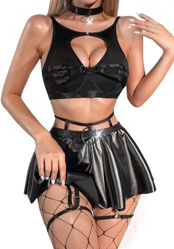 ADSEXY Damen Dessous Sexy Wet Lackleder Unterwäsche Set Verstellbare Strapse Reizwäsche Erotische Lingerie Babydoll Nackenband + BH + Slip + Rock + Netzstrümpfe