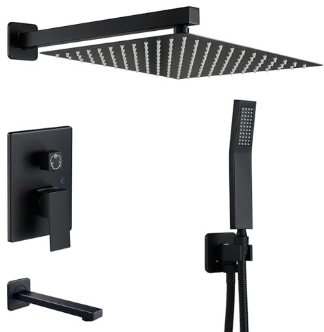 KINKIBOS Black Concealed Shower System Wall Mounted, 3-Function Shower System with 25 * 25 CM Rainfall Shower Head, High Pressure Handheld Shower and Bath Spout, Brass Shower Mixer