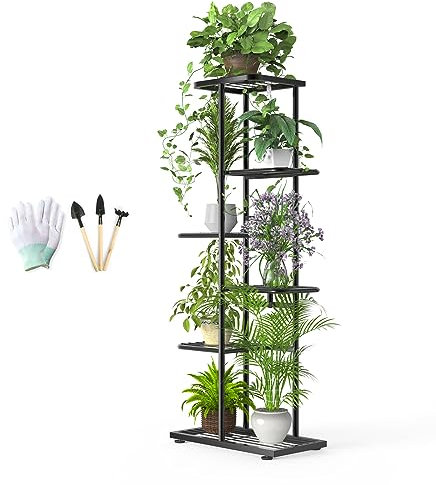 6 Tier Metal Black Plant Stand Indoor Outdoor with Gardening Tools and Gloves, 108cm Large Plant Shelf Multiple Flower Stand Pot Holder, Storage Corner Shelf for Garden Patio Living Room Balcony