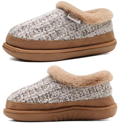 KuaiLu Zapatillas Casa Mujer Memoria cómoda zapatillas de punto de espuma de algodón térmica forrada piel peluche para mujeres calzado doméstico de invierno ortopedia Fascitis plantar Khaki 38-39
