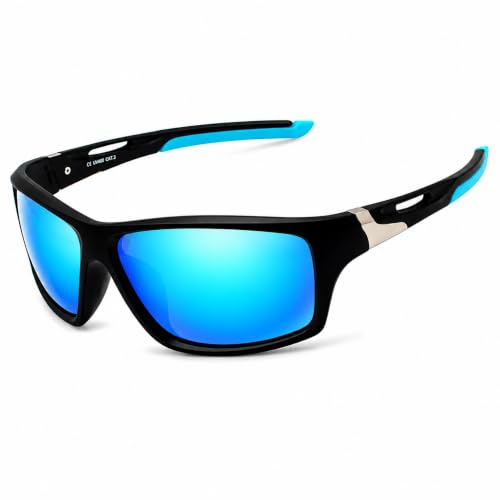 Rennec Sonnenbrille Herren Polarisiert Sportbrille Blau Verspiegelt Schwarz Matt Leichtgewicht Radbrille Anglerbrille Bikerbrille