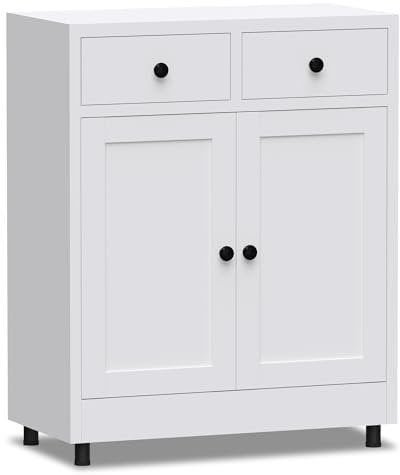 JINKUR Aktenschrank Büroschrank Lagerschrank Metallschrank Stahlschrank Mehrzweckschrank Buffetschrank Flurschrank, Aufbewahrungsschrank aus Metall mit 2 Schubladen und Verstellbarem Regal (Weiß)