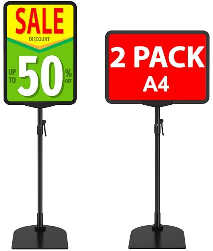 VAIIGO A4 Sign Stand 2Pack Adjustable Sign Holder for Tabletop Counter Display, Poster Signage Stand with Iron Base, Vertical & Horizontal View Advertising Menu Notice Display Stand