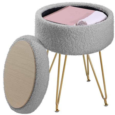 ABHENG Storage Ottoman Round Footrest Stool, Vanity Stool Chair Faux Teddy Fur with Storage, Modern Multifunctional Chairs, 32 x 32 x 44 cm, Dove Gray, ASND51G