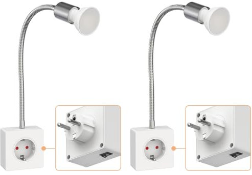 ledscom.de 2 Stück Steckdosenlampe LESCH Leselampe, chrom/weiß inkl. GU10 LED Lampe 5,8W, 500lm, 3-Stufen-Dimmer, warmweiß