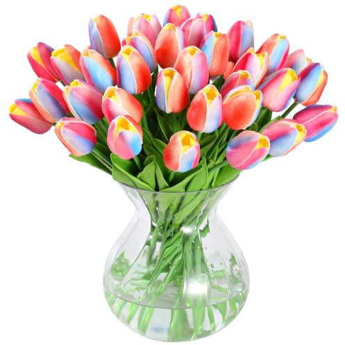 JUSTOYOU 40 Künstliche Tulpen Blumen,Fake Real Touch Latex Tulpe, Faux Blume Tulpe Hochzeit Sträuße für Hochzeit Home Garten Dekoration(Regenbogenfarbe)