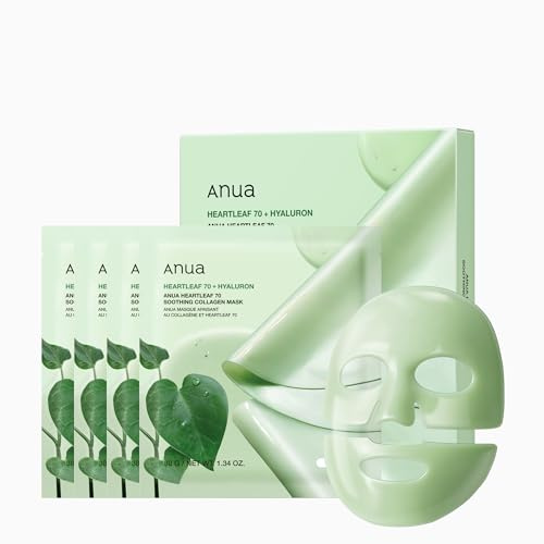 Anua Heartleaf 70 Soothing Collagen Mask, Overnight Face Mask for Sensitive Skin, Hyaluronic Acid, Hydrating Facial Mask, Redness Relief, Natural Color, Korean Skincare, 1.34 fl.oz/4ea