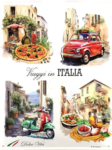 19671RA DOLCE VITA Viaggi in ITALIA - Placa de metal decorativo retro vintage (30 x 40 cm, con 4 perforaciones de 5 mm, ideal como regalo decorativo para cocina gastronomía italiana Fiat Mini Vespa