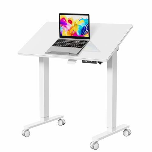 Liftsync Escritorio de pie de cristal de 35 pulgadas, inclinable a 90°, altura ajustable, mesa de pie con ruedas, escritorio pequeño plegable para laptop, color blanco