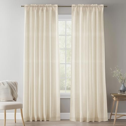 NAKIHOUSE Natural Linen Voile Curtain, 63 Drop Net Curtains Light Filtering Window Treatment Sheer & Drapes Slot Top Linen Sheer Curtains for Bedroom/Nursery Room 52 x 63, 2 Panels