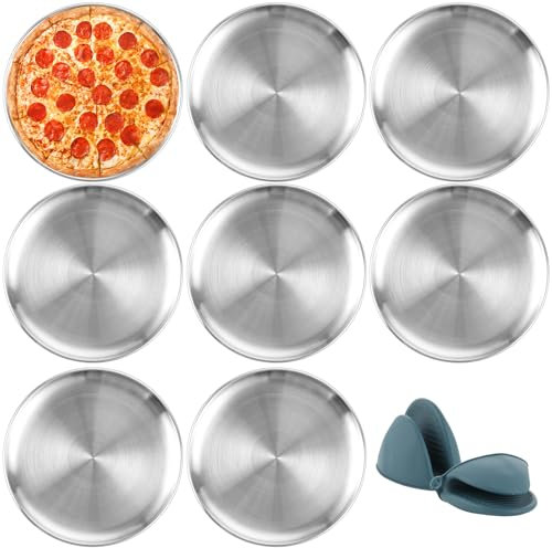 WOPPLXY 8 teglie per pizza rotonda da 30 cm, con guanti in silicone, per pizza in acciaio inox (facile da pulire)
