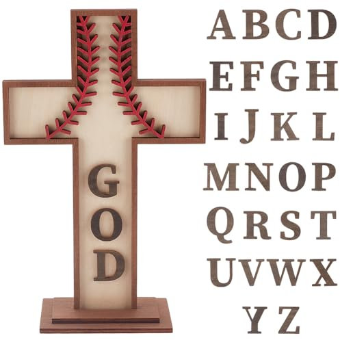 PH PandaHall Holz Baseball Kreuz Ornamente für Craft, Tischplatte Kreuz Ständer mit 26 Buchstaben Baseball Geschenk Taufe Tafelaufsatz für Weihnachten Ostern Party Dekoration, 26.5x16.5cm
