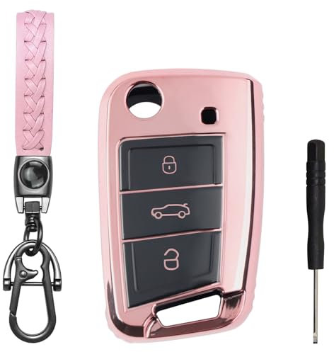 Autoschlüssel Hülle 3 Tasten TUP Kompatibel für VW Golf 7 VW Polo MK7 Tiguan Seat Skoda Octavia Fabia Schlüsselhülle Schlüssel Cover Schlüsselschutz Schutzhülle mit Schlüsselanhänger - Rosa