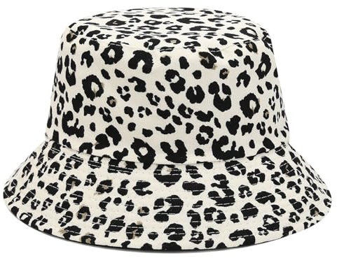Fischerhut Damen Bucket Hat Damen Anglerhut Reversibel Leopardenmuster Sonnenhut Leopard Eimer Hut Freizeithut (DE/NL/SE/PL, Alphanumerisch, Einheitsgröße, M, Weiß)