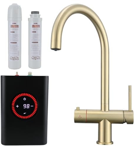 Yamataro 3in1 Boiling Water Tap Instant Hot Water Tap Hot Cold Boiling Water Kitchen Faucet Stainless Steel Brushed Gold (with Boiler and Filter)