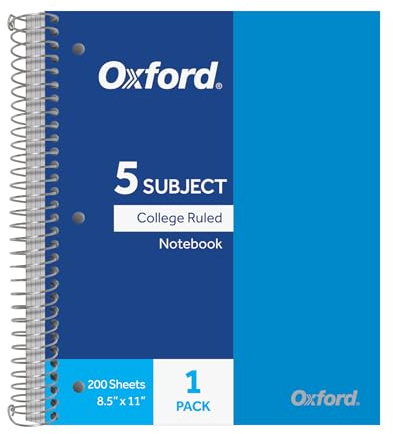 Oxford 5 Subject Spiral Notebook, Notebooks for School, Plastic Covers, Back to School Supplies, College Ruled, 200 Sheets, 1 Pack, Bright Blue (1009294)