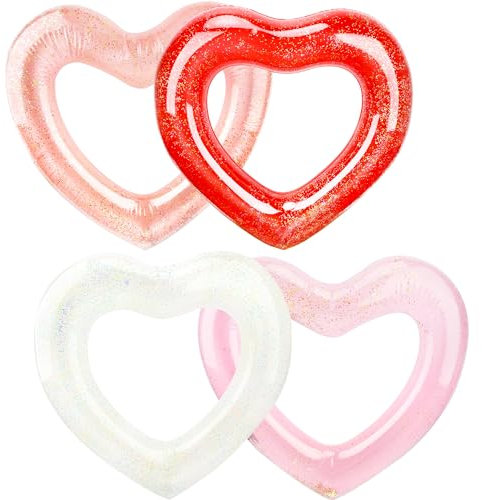 Sonarun Confezione da 4 anelli gonfiabili a forma di cuore, per piscina, piscina, spiaggia, feste, 110 x 90 cm (oro rosa, rosso scuro, rosa, bianco)