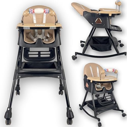 Twinky Chaise Haute Bébé – Dernier Modèle, Chaise Haute Pliable avec Fonction d'Inclinaison Réglable et Table, Convient de 6 mois à 4-5 ans – Couleur : Noir et Beige