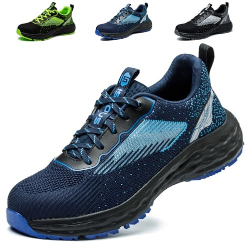 Zapatos De Seguridad Hombre Mujer Calzado de Trabajo con Punta de Acero Ligero Comodo Zapatillas Seguridad Transpirables Azul EU 44