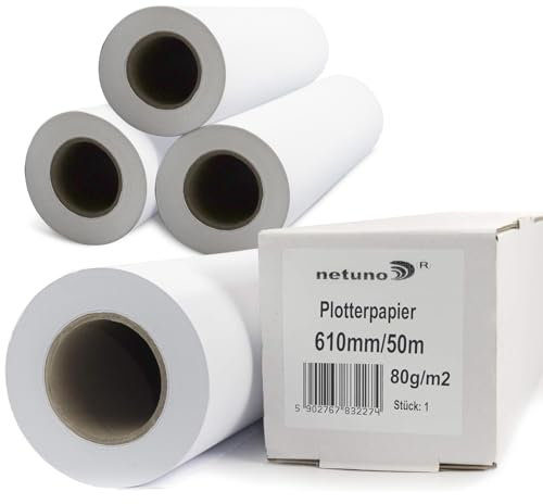 Netuno 4 rouleaux de papier pour traceur blanc 80g 610 mm x 50 m 50 mm 2 pouces papier plotter technique pour traceur dessin technique plans d’architecte plans techniques impressions CAO affiches