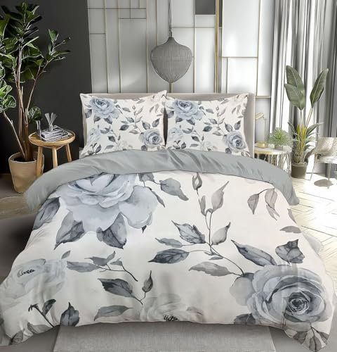 TDNEKMCA Bettwäsche 200x220cm 3 Teilig Mikrofaser, Bettwäsche-Sets mit 2 Kissenbezug 80x80 cm,Graue Rose Anlage Bettbezüge, Bettbezug für Doppelbett mit Reißverschluss, Grau