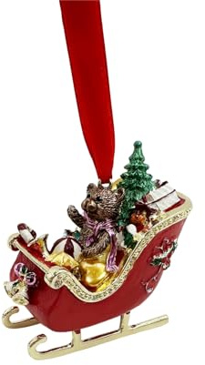 Christmas Teddy Bear Sleigh Ornament Enameled Festive Decoration, Red Ribbon Hanging, Holiday Tree Decor Gift | Hand-Painted Enamels, Gold-Plated, White Crystals, Home Decor & Gift Giving