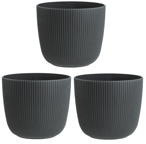 Engelland - 3 x Blumentopf mit Drainagesystem, Anthrazit-Grau, Rillenoptik, Pflanz-Topf, Kübel, modern, widerstandsfähig, rund, wetterfest, Kunststoff, Ø 34 cm, 20 Liter