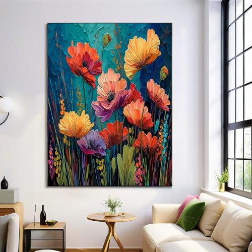 ANALTIRCE Coquelicots Au Couteau À Palette Toile Peinture Affiche Decoration Murale Tableau Art, Rétro Plantes Fleurs Impression sur Toile Aesthetic Art Salon Maison Decor Murale sans Cadre, 40×60 cm
