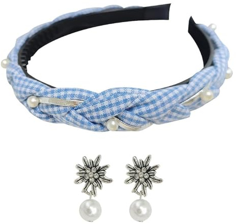 Snyvpra Damen Oktoberfest Accessoires Set mit Blau-Weiß Kariertem Geflochtenem Haarreif mit Perlen und Passendem Ohrring, Traditioneller Vintage Haarschmuck für Oktoberfestfeste, Partys