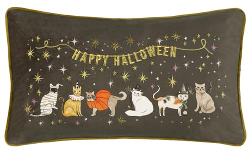 furn. Halloween Pawty Feather Filled Cushion (Multicolour - 30x50cm) | Cute Spooky Halloween Cat Party Embroidered Velvet Decorative Pillow