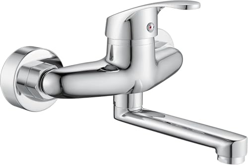 Grifo para cocina de pared, giratorio a 360°, de acero inoxidable, orientable, ajustable, monomando, mezclador para lavabo, fregadero, lavabo, lavabo, bañera, 17,5 cm, cromo cepillado