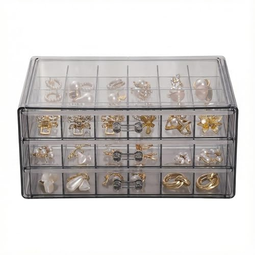 PNSXING Jewellery Organiser, Jewellery Box 3-Tier 72-Grid, Grey | 72 compartments for earrings, rings, necklaces and beads; compact organiser for vanity, drawers, home, dorm or travel