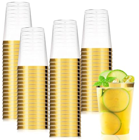 50 Stück Partybecher Becher mit Golden,280ml Becher aus ABS Mehrwegbecher | Trinkbecher Elegante Party Weingläser für Champagner Cocktail Martini Bier Soda Dessert