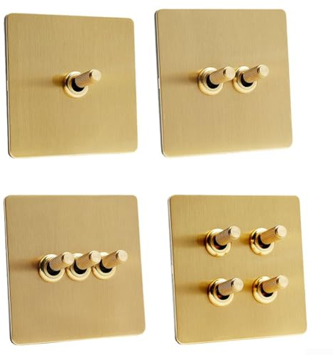 Mixabloem Interrupteur en acier inoxydable doré mat, panneau brossé de type 86 avec levier en laiton, décoration industrielle rétro pour hôtel et bureau (D)