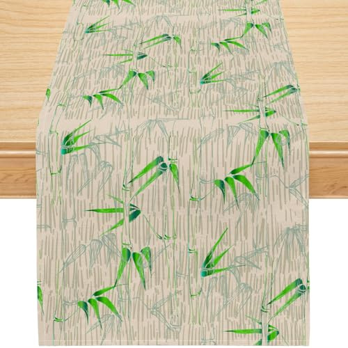 Asiatisch Zen Botanisch Bambus Tischläufer, Grün Natur Muster Leinen Tischband, Orientalische Tischdeko für Esszimmer Küche Frühling Sommer 33x92cm