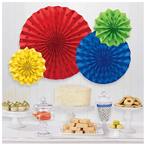 amscan 11013495 Rainbow Color Hanging Paper Fans with Glittery Dots Design-4 Pcs