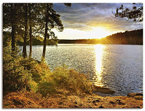 ARTLAND Wanddeko Leinwand Bilder Wandbild 80x60 cm Landschaften Sonnenaufgang Sonnenuntergang See Fotografie Bunt Sonnenuntergang über See Algonquin Park T6AF