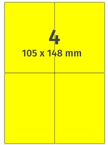 Farbige Etiketten auf A4 Bogen, neongelb - 105 x 148 mm - 400 Papier Aufkleber auf 100 Blatt, selbstklebende Laser-Etiketten fluorisierend leuchtfarbig