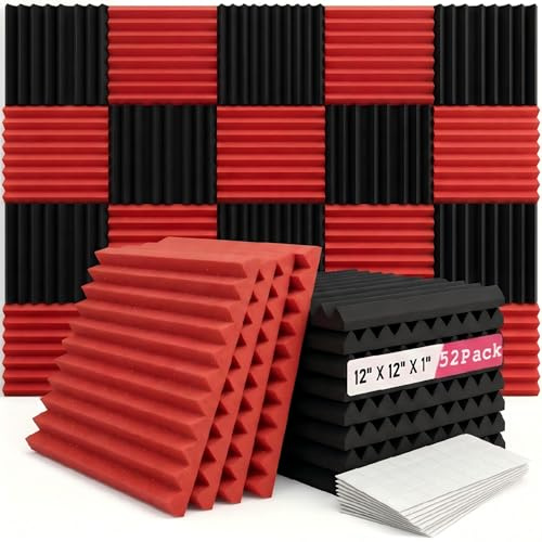 Lot de 48 Noir/rouge 30,5 x 30,5 x 2,5 cm Panneaux acoustiques Studio Isolation phonique mousse Wedge, carreaux,