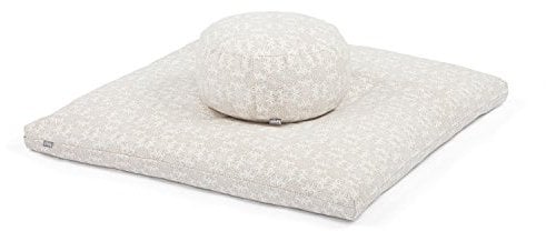 Bodhi Meditations-Set | Maharaja Collection | Meditationsmatte (Zabuton) & Meditationskissen Rondo mit Dinkelfüllung | Bezug aus Baumwolle | Unterlage zur Meditation (Madurai/Ecru)