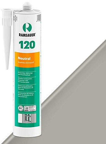 RAMSAUER 120 Neutral (Sanitärgrau) - 310ml Kartusche, Silikon Dichtstoff zur Versiegelung von Einscheiben-, VSG-, & Isoliergläsern, haftet auf Holz, Glas, Metall, witterungsbeständig, elastisch