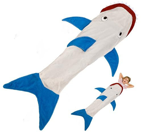 Kanguru Hai Decke zum anziehen, Shark Blanket für Kinder, weiche Mikrofaser-Fisch Plaid, für Sofa, Reisedecke 142cm lang, mit Flosse, Geschenkidee Geburtstag, Grigio, Blu, Rosso