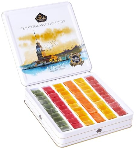 Cerez Pazari Turkish Delight Candy Gift Basket 725g, Gourmet Lokum Dessert Corporate, Christmas, Thanksgiving, Halloween Food Gifts in Elegant Tin Box with 6 Unique Flavors -No Nuts
